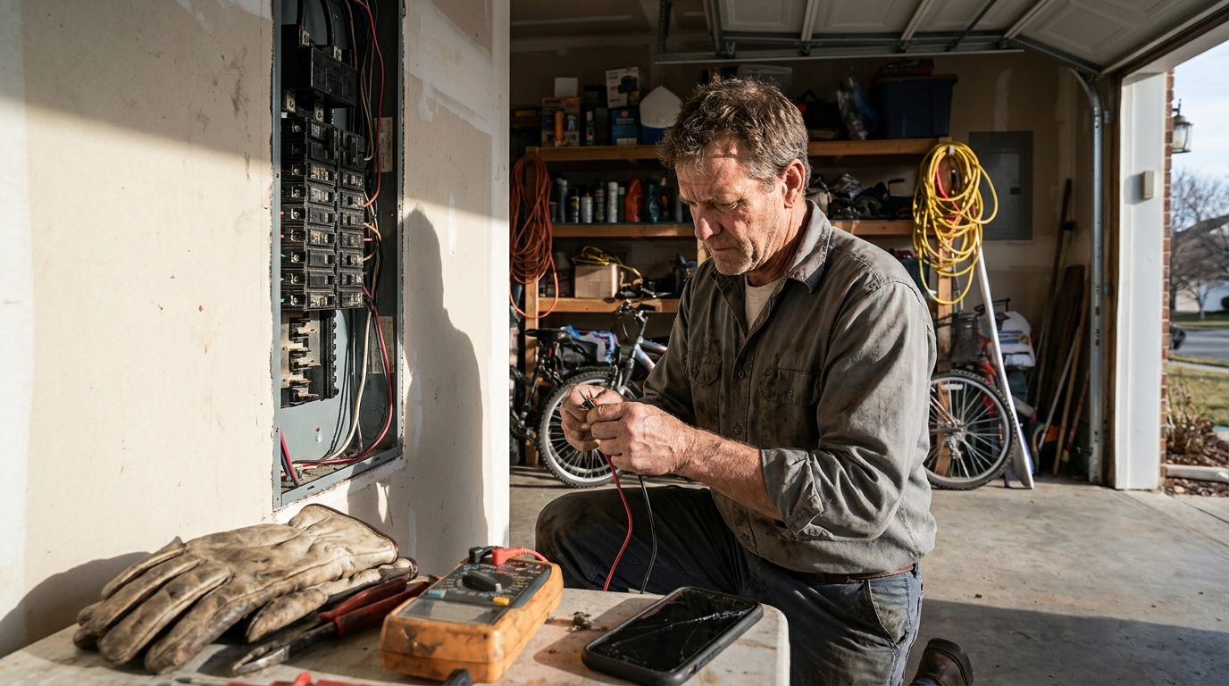 An electrician wiring a breaker panel in a lived-in residential garage with tools and work gloves nearby