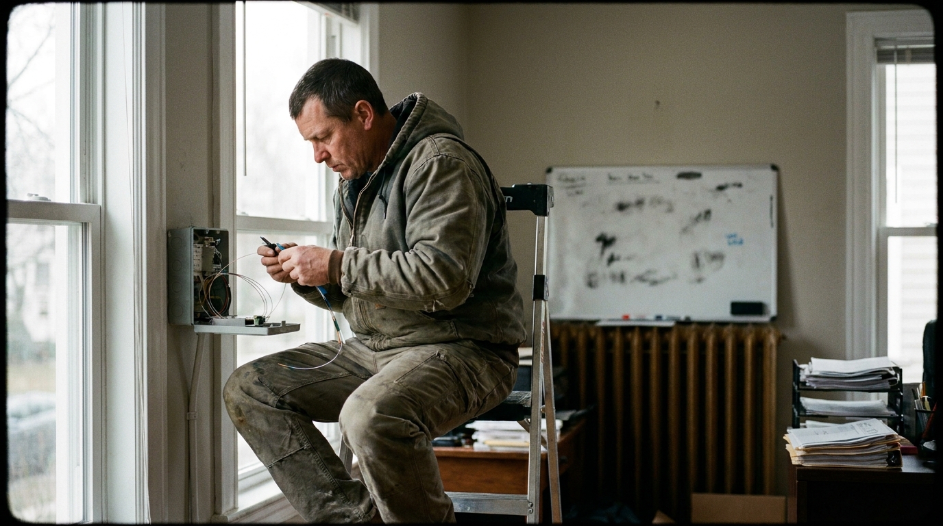 Telecom installer preparing fiber installation work at a customer site