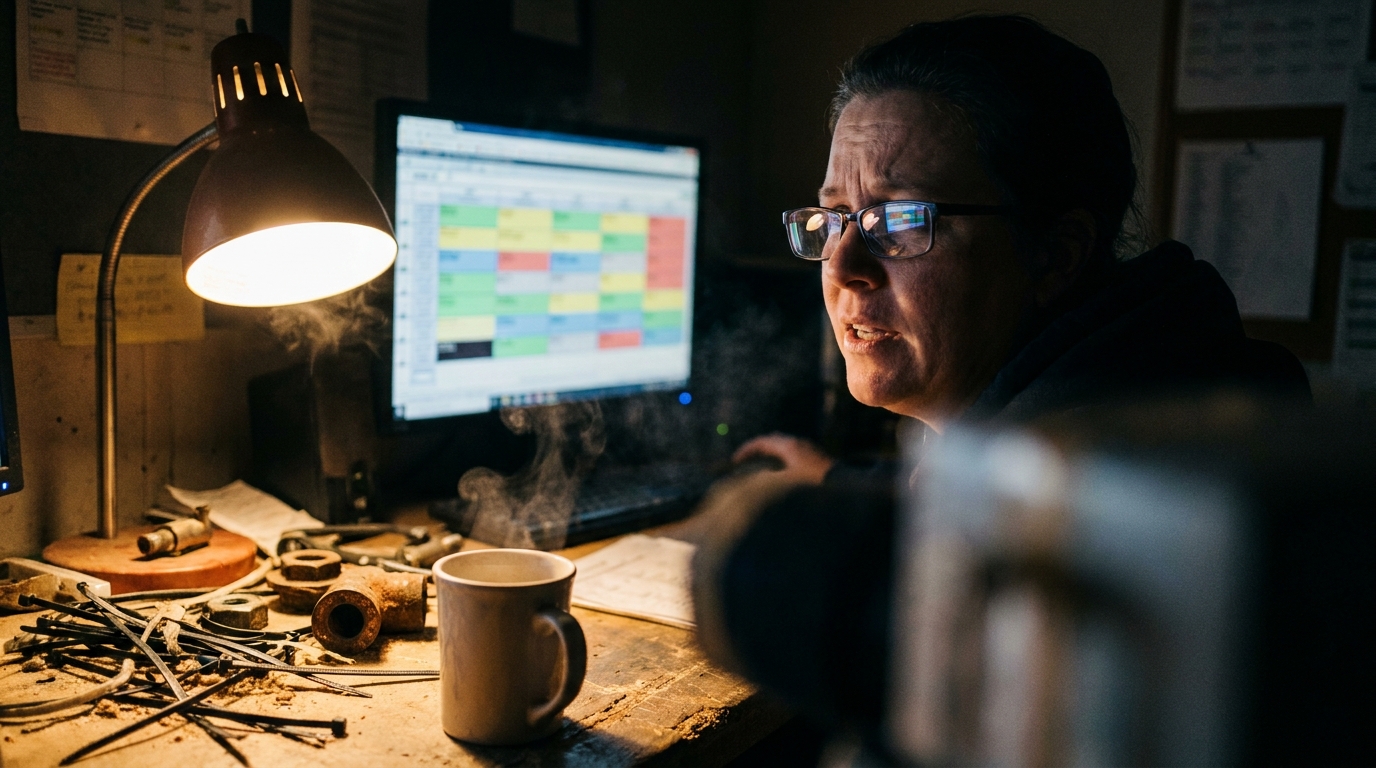 Dispatcher monitor with a color-blocked schedule grid in a lived-in after-hours workspace