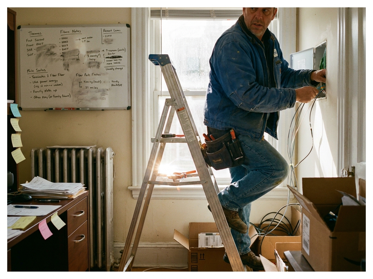 a telecom installer on a ladder terminating fiber at a home, a genuinely lived-in workspace with tangible textures — smudged whiteboard ghosting under fresh marker, sticky notes losing their grip, a humming radiator.