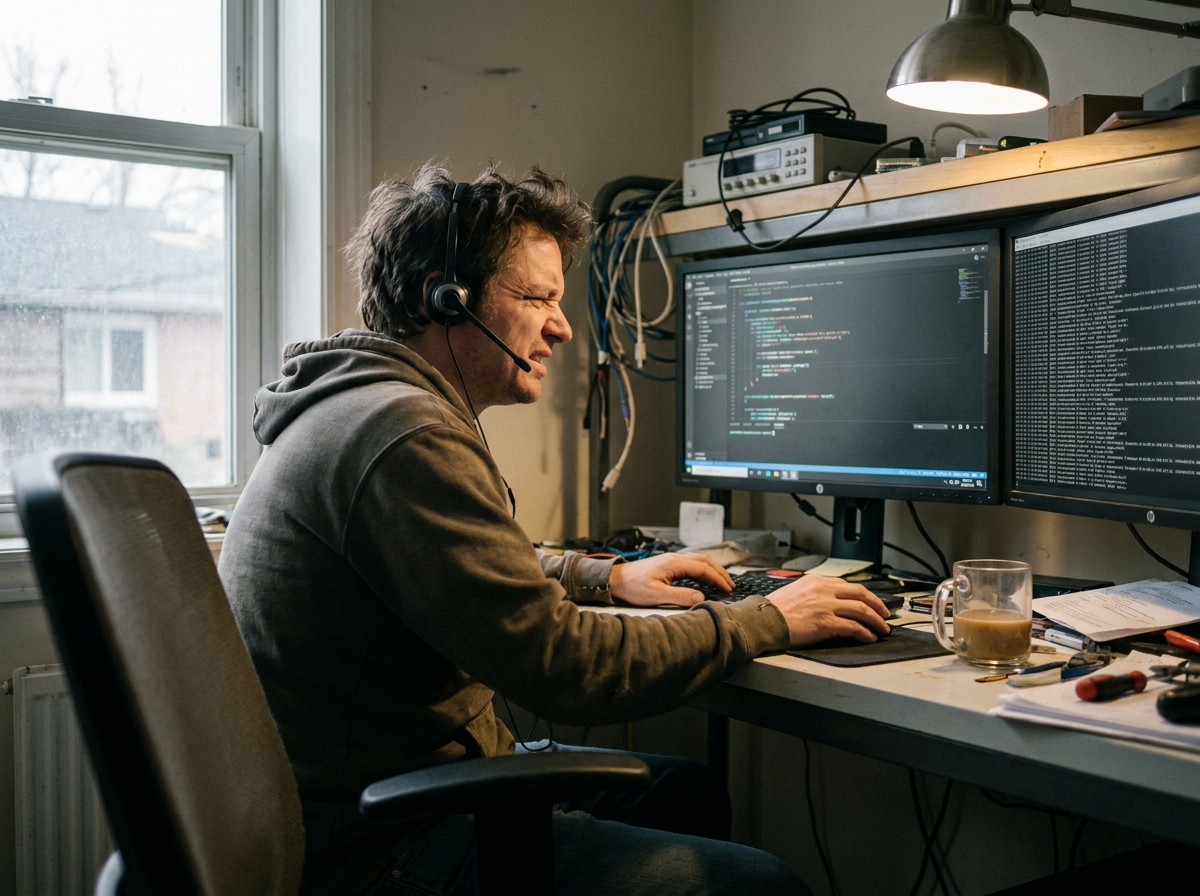 Developer testing a call flow at a workbench with frayed cable ties, oxidized fittings, sawdust, and cold window light