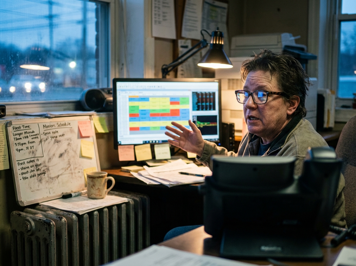 Dispatcher monitor with a color-blocked schedule grid in a lived-in workspace with smudged whiteboard and sticky notes