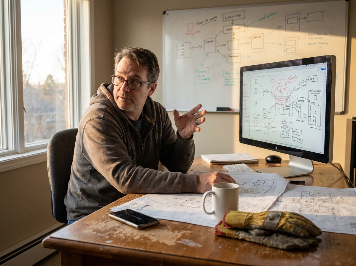 un développeur analysant la trace d'un agent sur un grand écran, tableau blanc avec des cases et des flèches en arrière-plan — pris sur le vif pendant son travail ; une photo d'illustration qui fait écho à la section 'Architecture : agent, outils, approbations', un espace de travail authentique