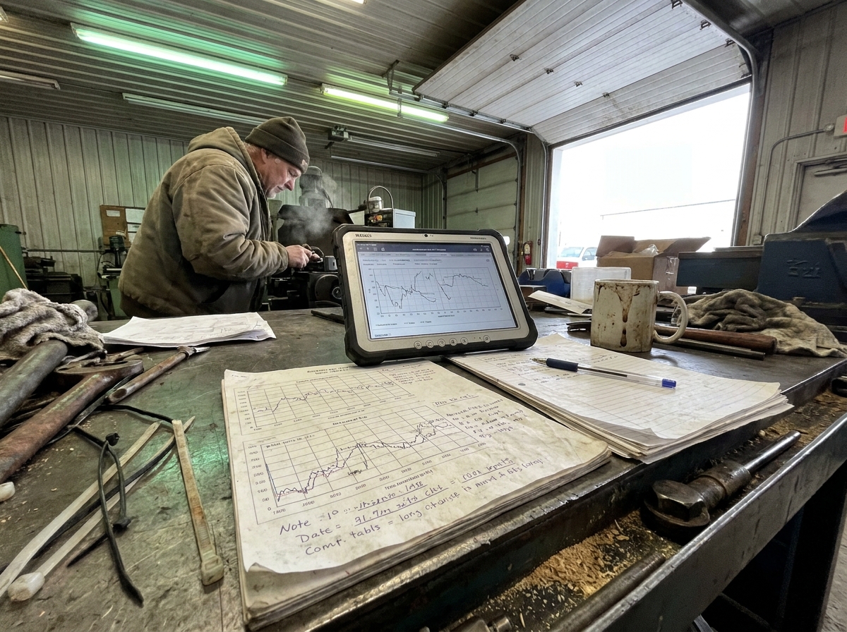 Printed charts and a tablet dashboard on a cold workbench with frayed cable ties and shop light