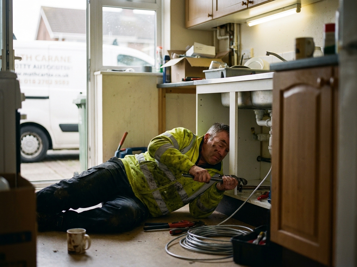 a plumber working under a kitchen sink with a branded van in the driveway, a genuinely lived-in workspace with tangible textures — scuffed toolboxes, faded hi-vis fabric, coffee rings on paperwork, dust motes drifting in the light.