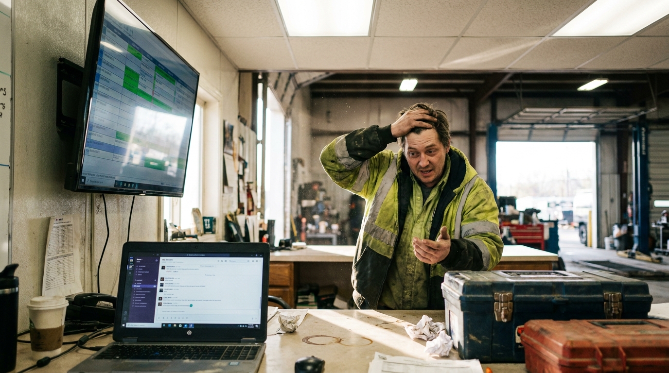 a laptop showing a chat interface beside a wall, a genuinely lived-in workspace with tangible textures — scuffed toolboxes, faded hi-vis fabric, coffee rings on paperwork, dust motes drifting in the light.