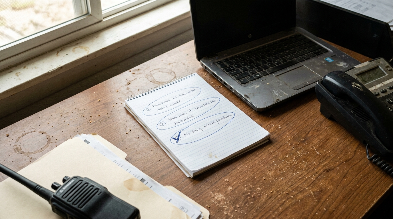 Field service office desk with a laptop, phone and a notepad listing three circled connection options