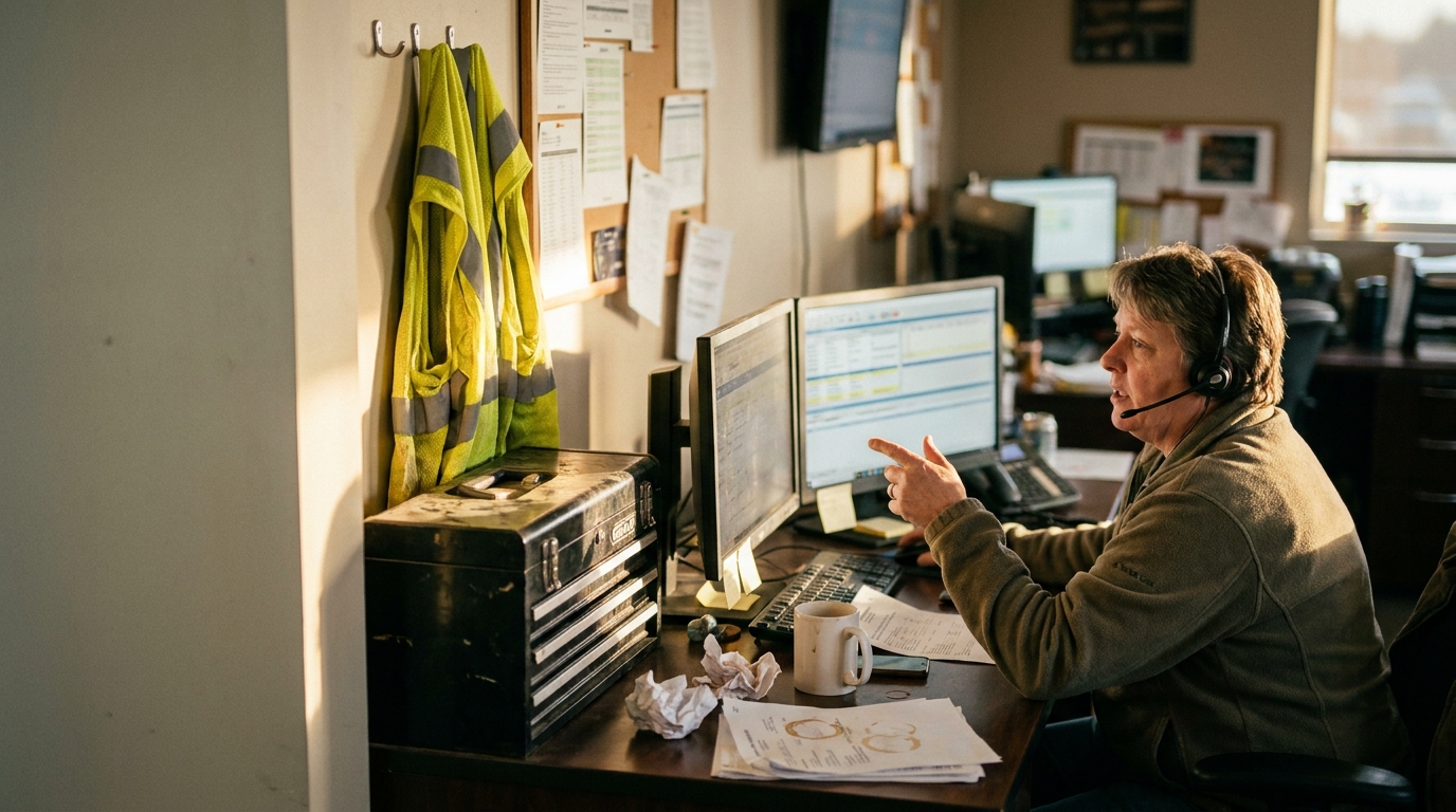 Dispatch workstation with schedule grid and coffee cup in morning light