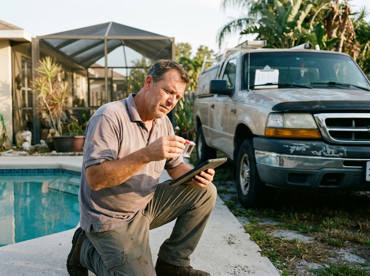 a pool technician testing water chemistry beside a backyard pool — caught mid-task with a spontaneous, unposed expression, a genuinely lived-in workspace with tangible textures — worn vinyl seats, sun-bleached dashboard, laminated route sheets curling at the corners.