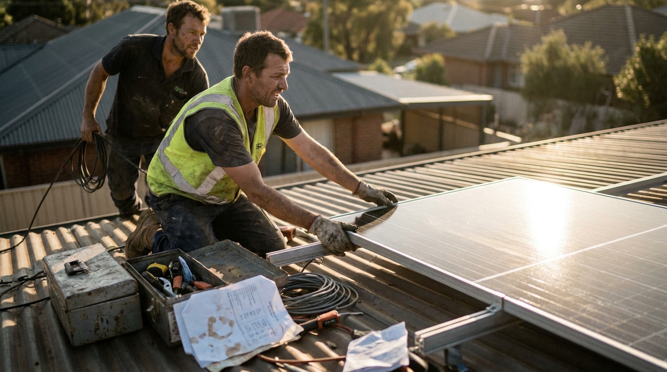 installers mounting photovoltaic panels on a residential rooftop, scuffed toolboxes and warm late-afternoon light