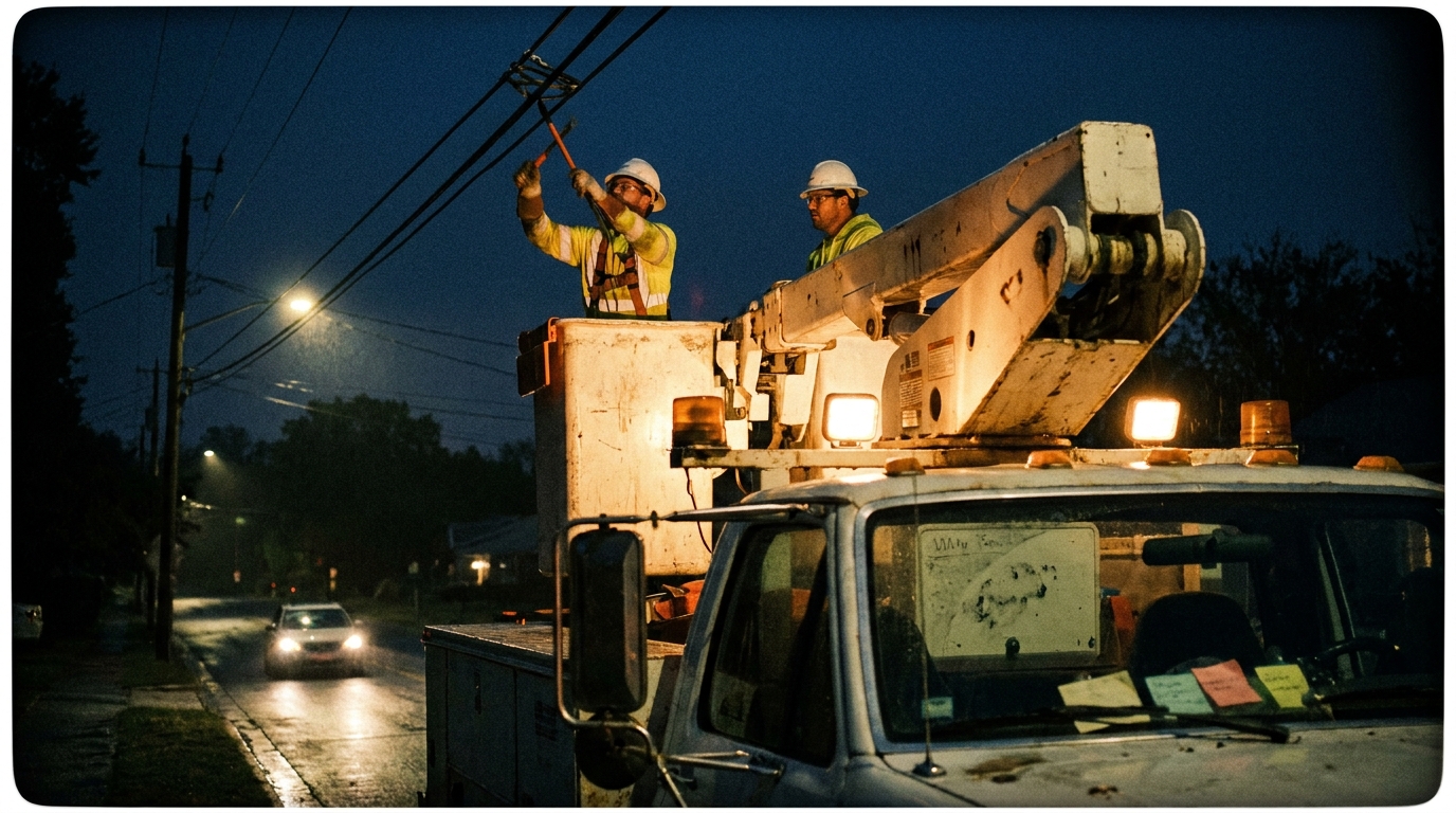 Utility crew in a bucket truck servicing power lines, photographed in a lived-in operations workspace