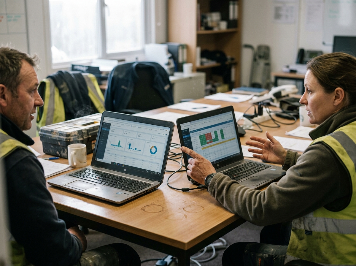 two laptops on a lived-in dispatch workspace with scuffed toolboxes, faded hi-vis fabric, and coffee-ringed paperwork