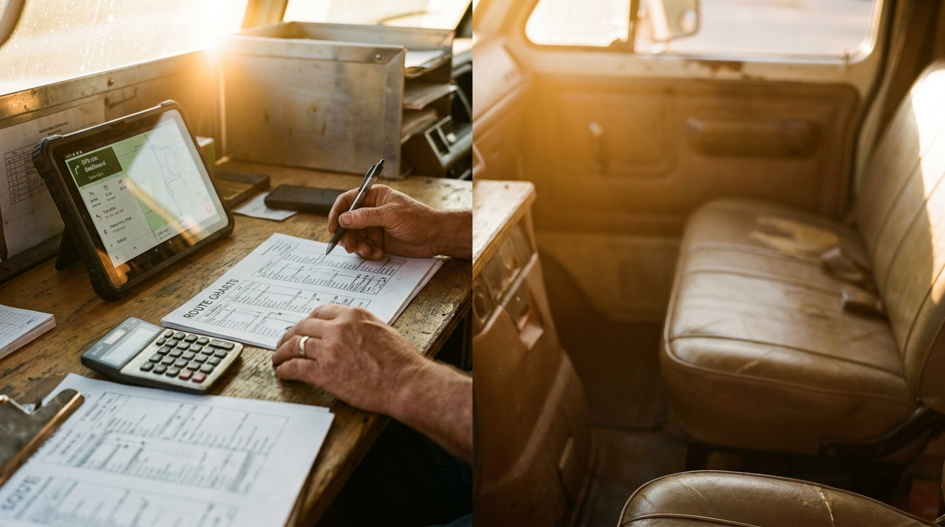 printed charts, a calculator and a tablet dashboard on a lived-in wooden desk with route paperwork