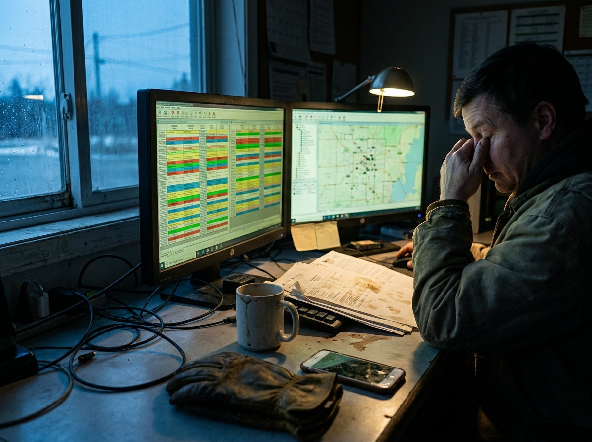 a dispatcher's dual-monitor workstation with a live schedule grid, coffee cup, morning light, a genuinely lived-in workspace with tangible textures — weathered work gloves, chipped paint, a cracked phone screen, grease-darkened fingerprints.