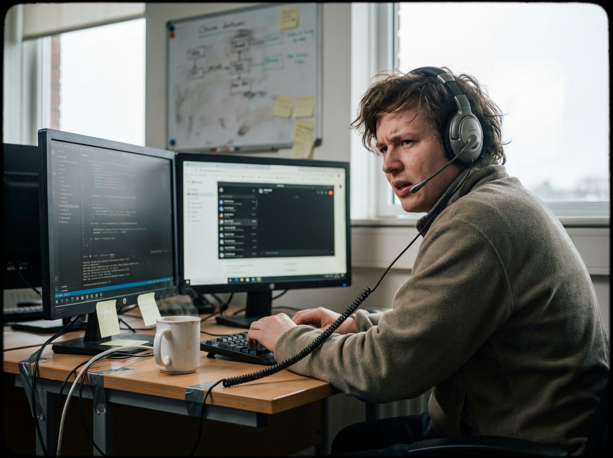 a developer testing a phone call flow at a desk, headset on, code editor and call logs on dual monitors, a genuinely lived-in workspace with tangible textures — smudged whiteboard ghosting under fresh marker, sticky notes losing their grip, a humming radiator.
