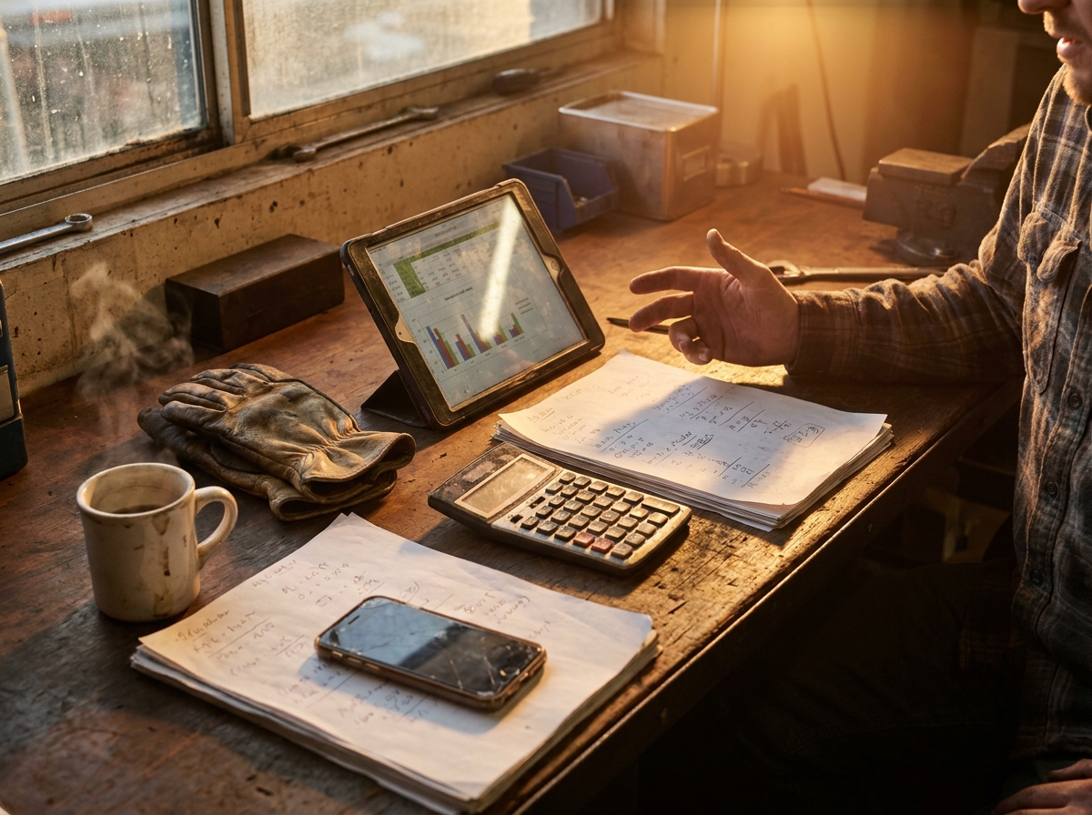 printed charts, a calculator and a tablet dashboard on a wooden desk with work gloves and grease-marked paperwork