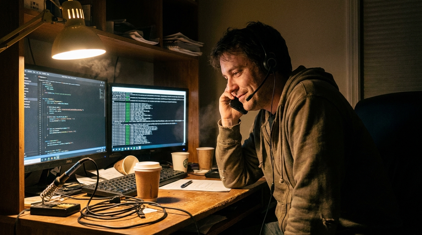 Developer at a desk testing a phone call flow with headset, code editor, and call logs on dual monitors