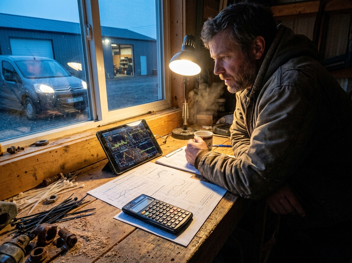 route-trend review, lived-in workbench with printed charts and dispatch materials in cold pre-dawn light