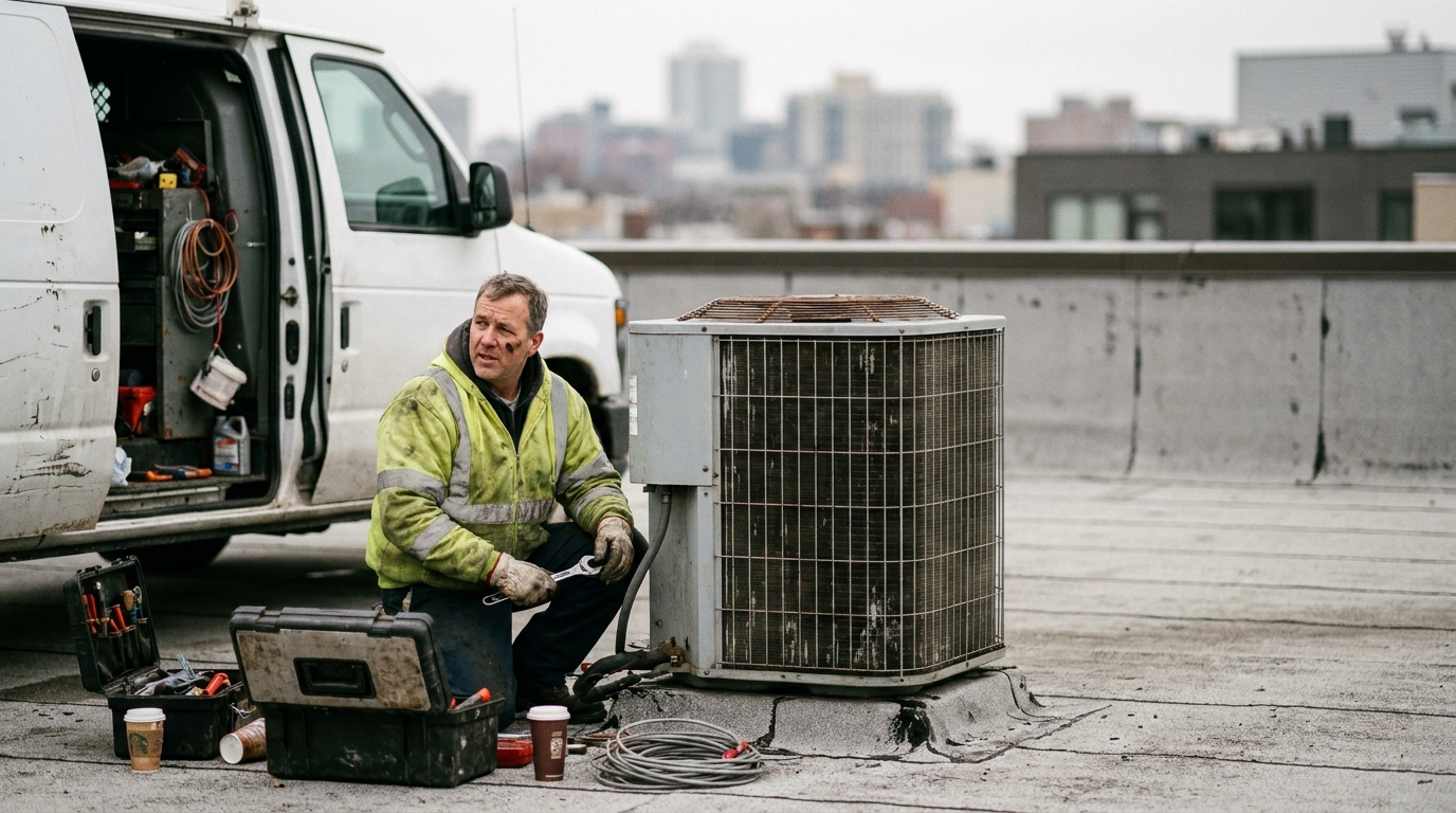 an HVAC technician servicing a rooftop condenser unit beside a service van - caught mid-task with a spontaneous, unposed expression, a genuinely lived-in workspace with tangible textures - scuffed toolboxes, faded hi-vis fabric, coffee rings on paperwork, dust motes drifting in the light.
