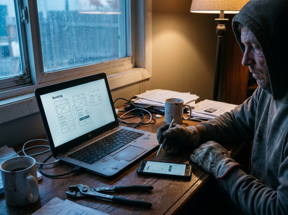 a developer's laptop showing a booking interface mockup beside a phone running the same flow, weathered work gloves, chipped paint, a cracked phone screen, grease-darkened fingerprints