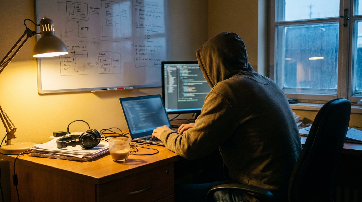 Developer desk with two blurred screens and a hand-drawn agent flow sketched on a whiteboard behind