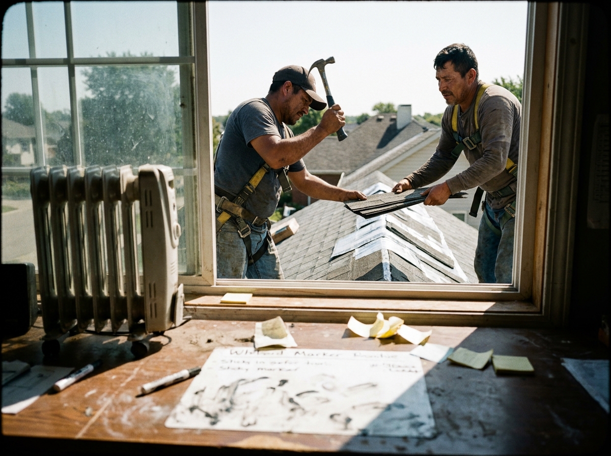 two roofers installing shingles on a pitched roof under a clear sky, a genuinely lived-in workspace with tangible textures — smudged whiteboard ghosting under fresh marker, sticky notes losing their grip, a humming radiator.