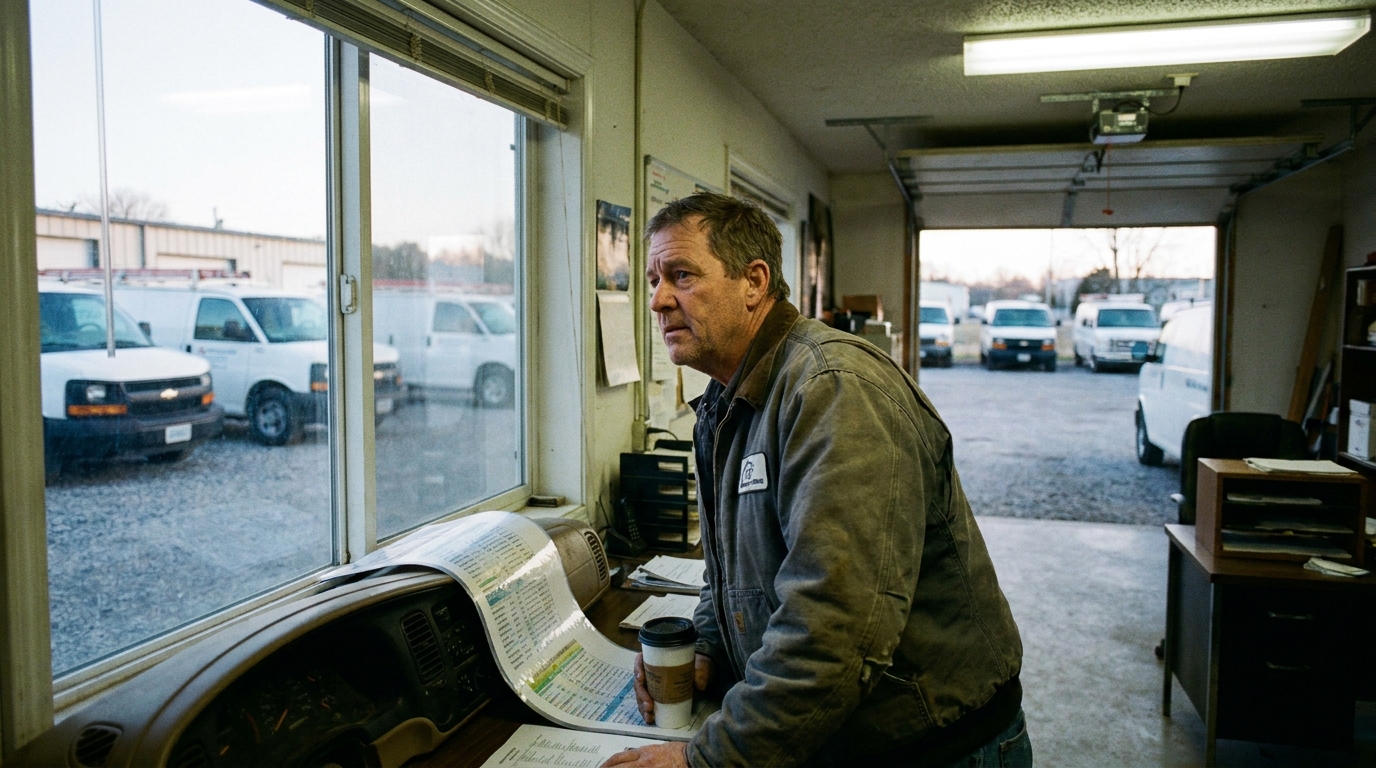 Service company owner overlooking lined-up vans, worn vinyl seats and curling laminated route sheets in a working fleet yard