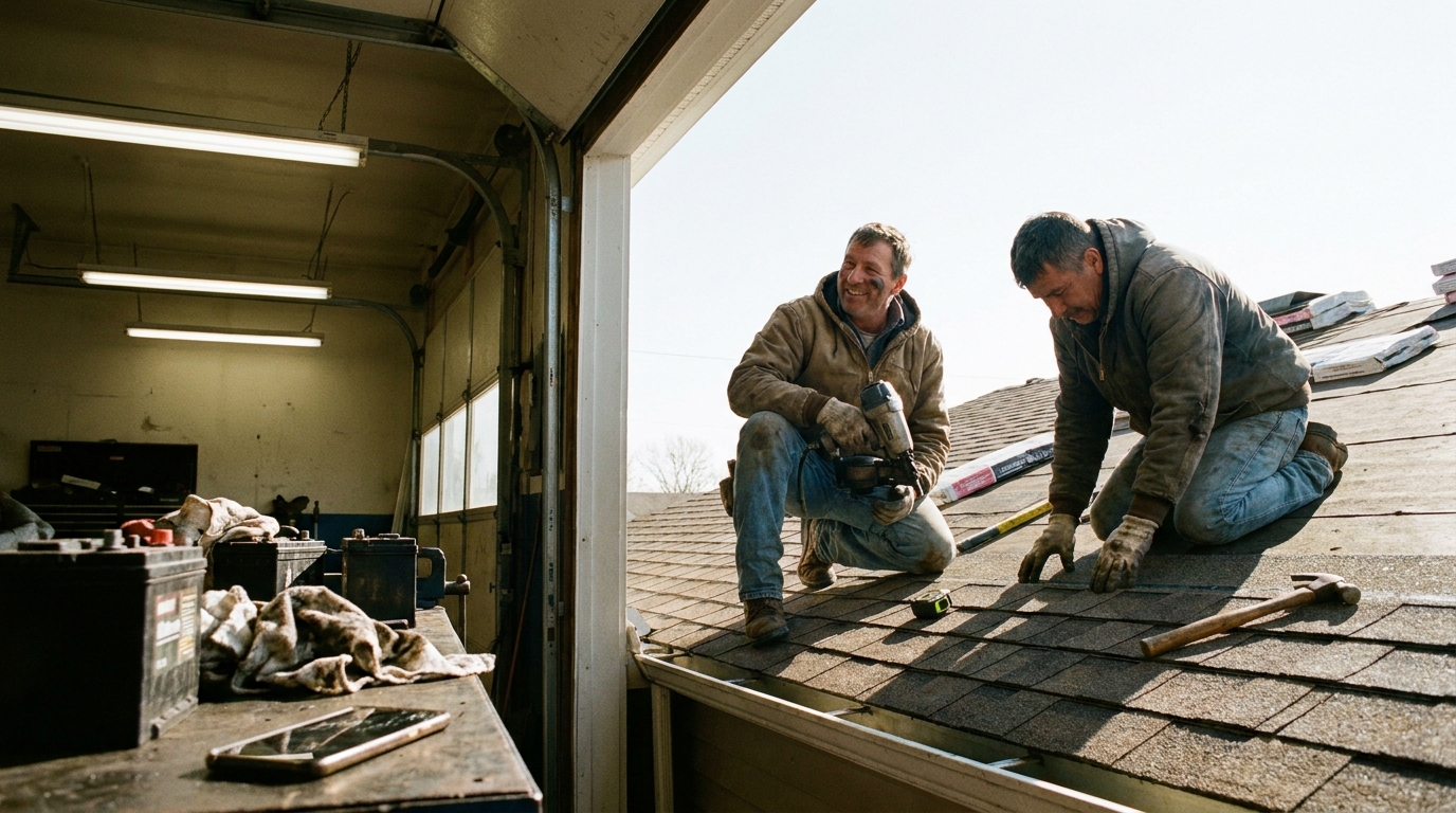 Two roofers installing shingles on a pitched roof under a clear sky, with weathered tools and natural jobsite light