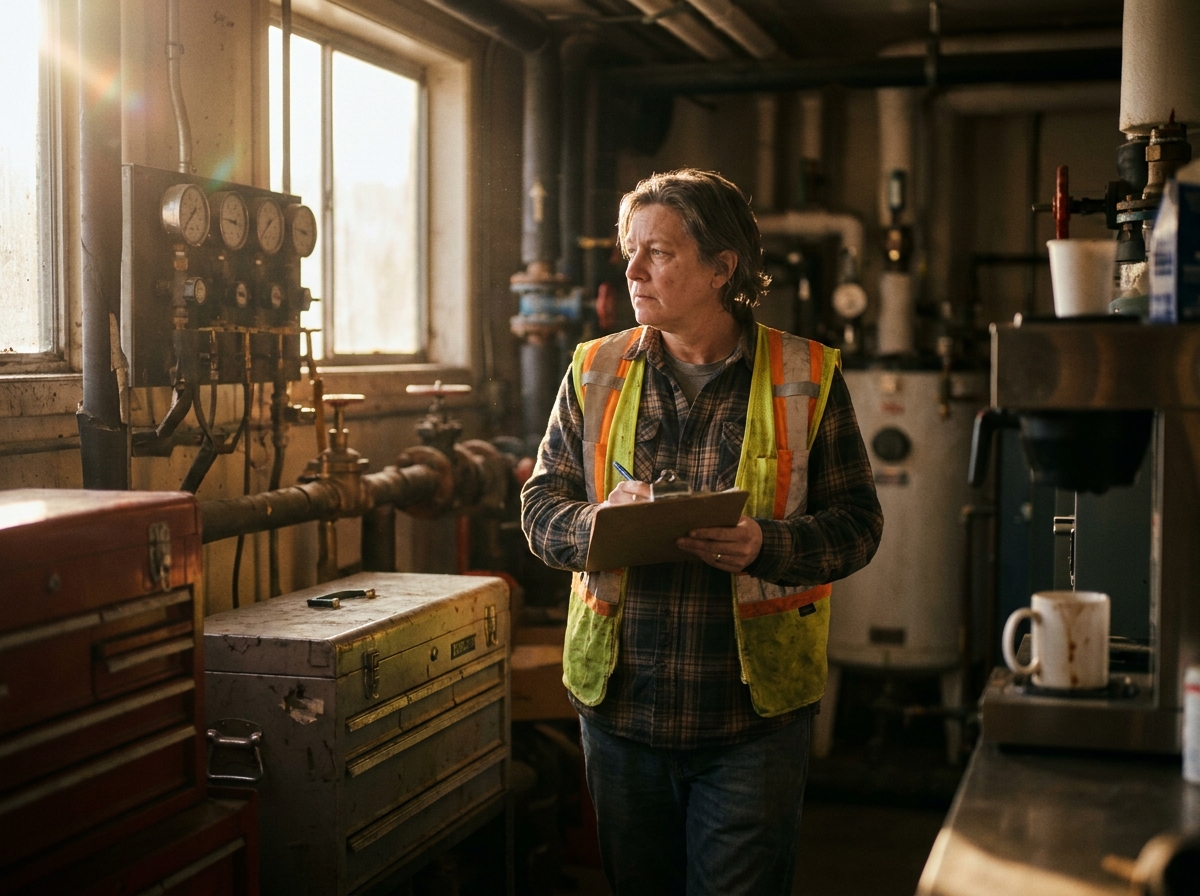 Facilities manager with a clipboard near scuffed toolboxes, faded hi-vis fabric, paperwork, and dusty late-afternoon light