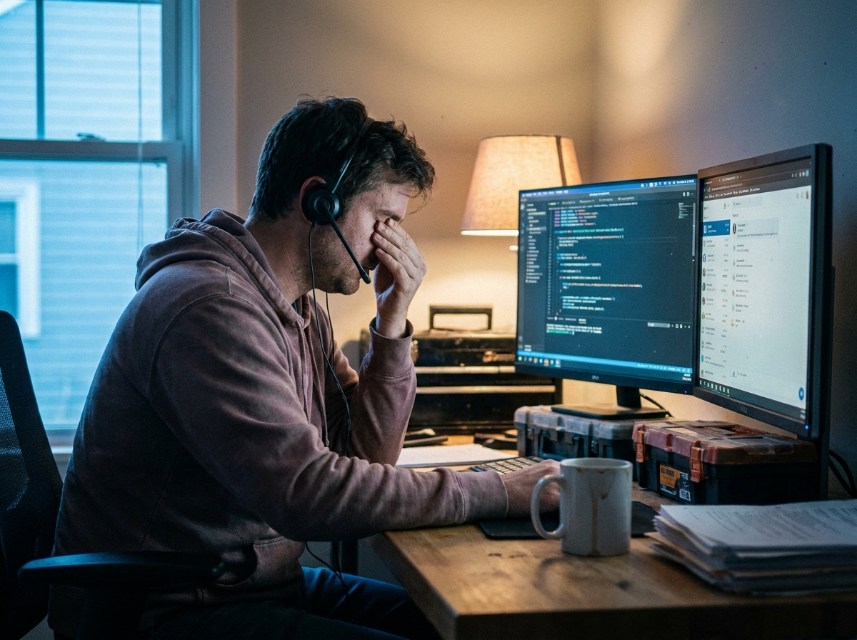 Developer testing a phone call flow, scuffed toolboxes and faded hi-vis fabric in the workspace