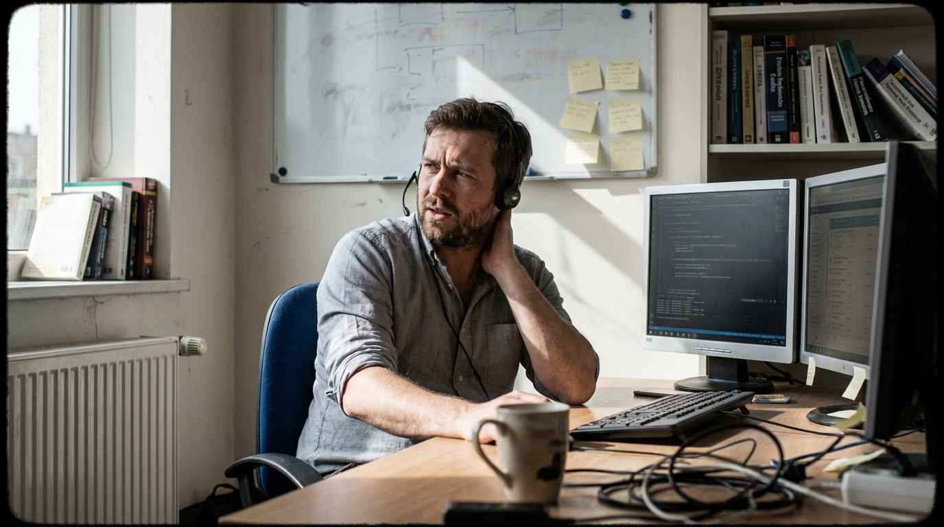 Developer testing a phone call flow at a lived-in desk with code editor and call logs on dual monitors