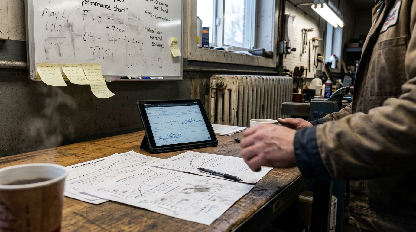 printed charts and a tablet dashboard on a lived-in desk with a pen resting on the page