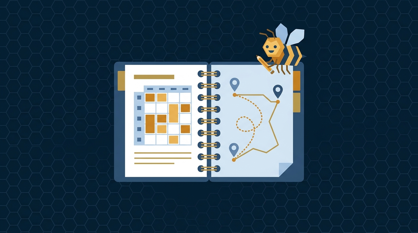Open field notebook with sketches of a schedule grid and a route map, a small bee mascot perched on the edge holding a pencil
