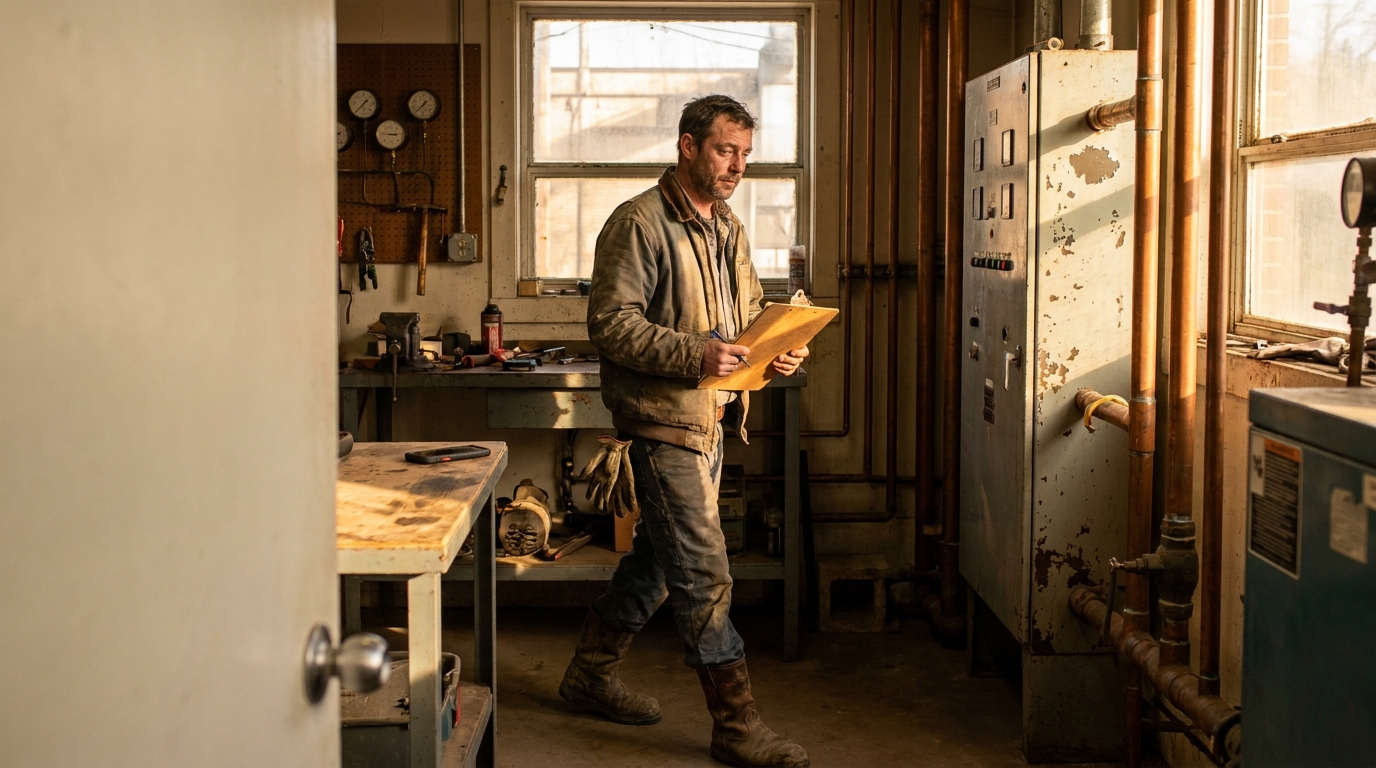 Facilities manager with a clipboard in a lived-in mechanical room with worn work gear and metal surfaces