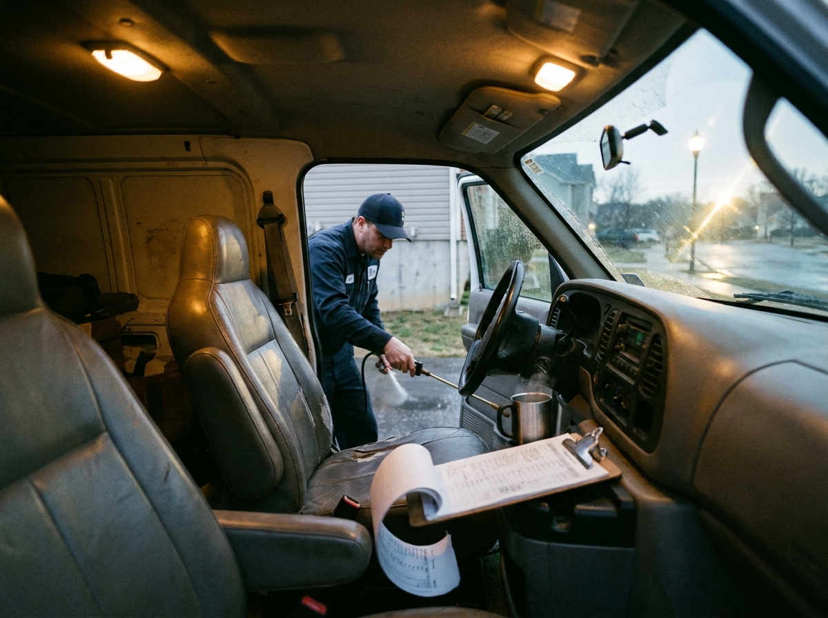 Pest control technician in a work vehicle with route sheets and a sun-bleached dashboard before morning dispatch