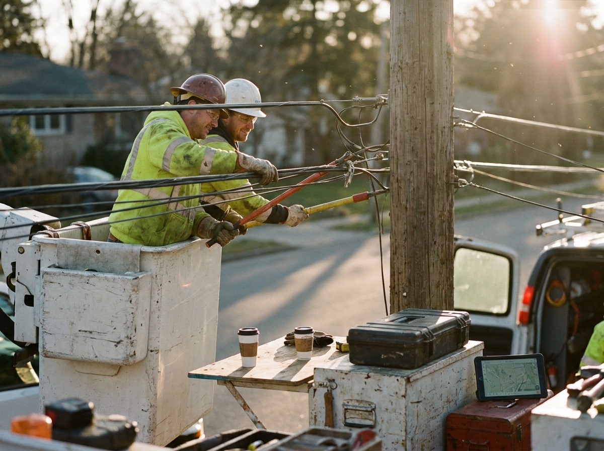 Utility crew coordinating scheduling automation near scuffed toolboxes, hi-vis fabric, paperwork, and morning light