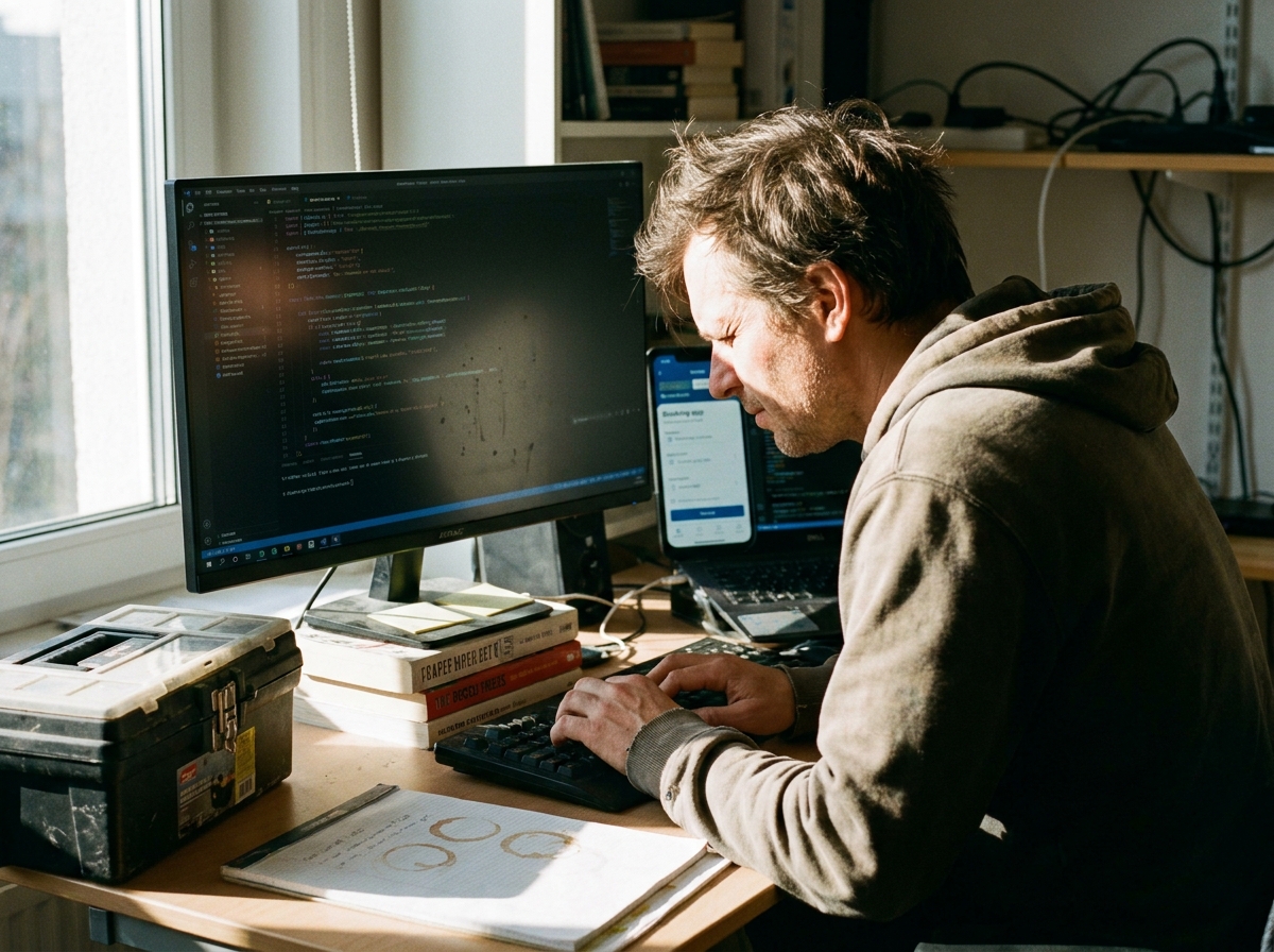 Developer desk with code and a booking-flow phone, scuffed toolboxes, faded hi-vis fabric, coffee rings on paperwork, dust motes drifting in the light