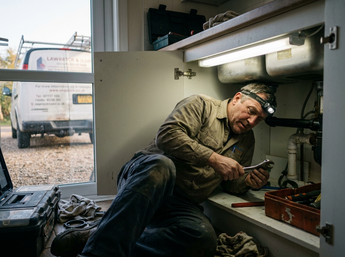 Plumber at a service van between calls with tools, route paperwork, and a lived-in field-work setting