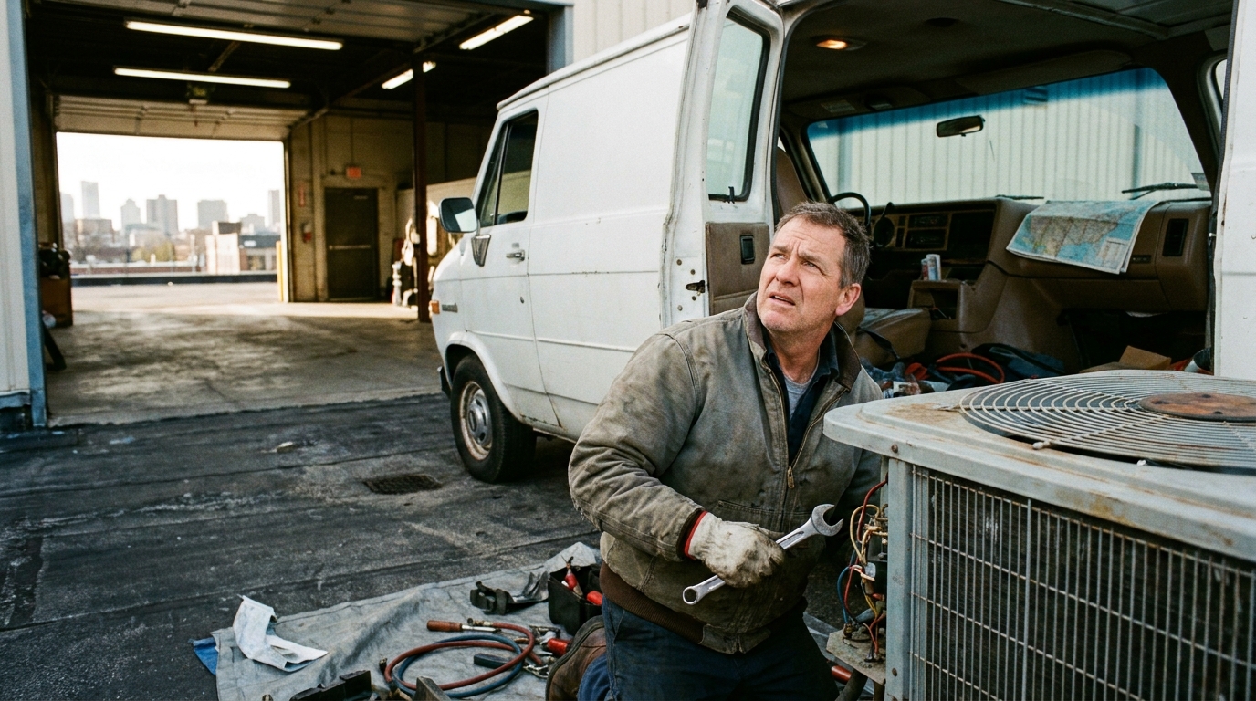 an HVAC technician servicing a rooftop condenser unit beside a service van, worn vinyl seats, sun-bleached dashboard, laminated route sheets curling at the corners