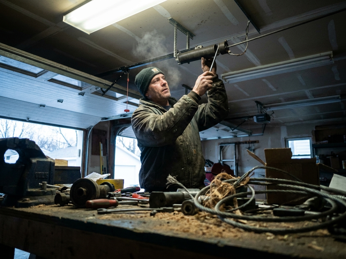 Technician adjusting a residential garage door torsion spring in a cold, lived-in workshop with frayed cable ties and oxidized fittings