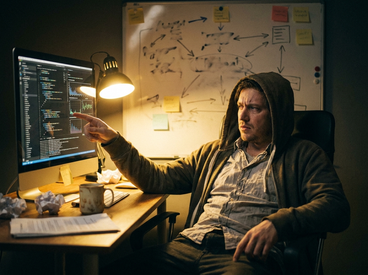 a developer reviewing an agent trace on a large monitor, whiteboard with boxes and arrows behind — caught mid-task with a spontaneous, unposed expression, a genuinely lived-in workspace with tangible textures — smudged whiteboard ghosting under fresh marker, sticky notes losing their grip, a humming