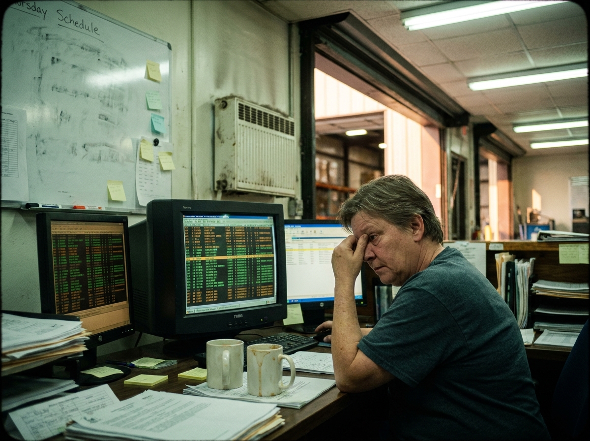 A dispatcher workstation with a live schedule grid, a smudged whiteboard, loose sticky notes, and mixed shop light.