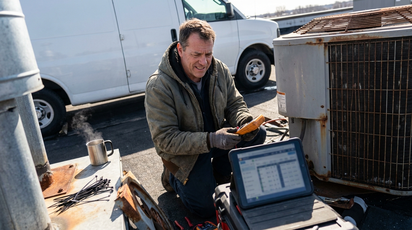 an HVAC technician servicing a rooftop condenser unit beside a service van, frayed cable ties, oxidized fittings, sawdust in the seams of a workbench, breath visible in cold air