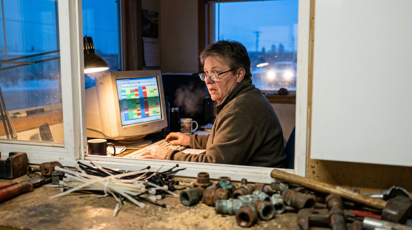 Dispatcher reviewing a color-blocked schedule grid in a lived-in field service workspace at pre-dawn