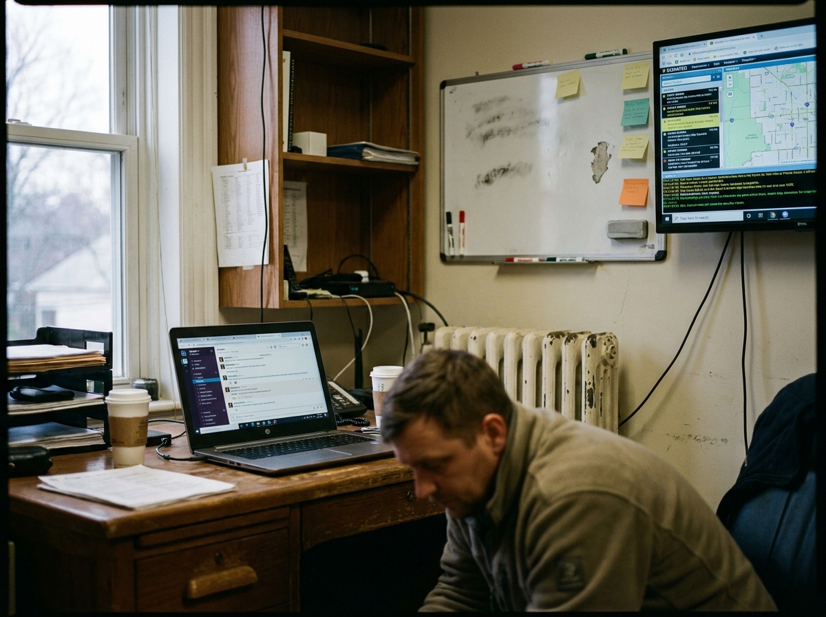 laptop chat interface beside a dispatch display, a genuinely lived-in workspace with tangible textures — smudged whiteboard ghosting under fresh marker, sticky notes losing their grip, a humming radiator.