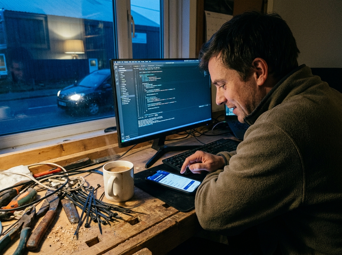 developer desk with code on screen and a phone booking flow, cold workbench with frayed cable ties and sawdust