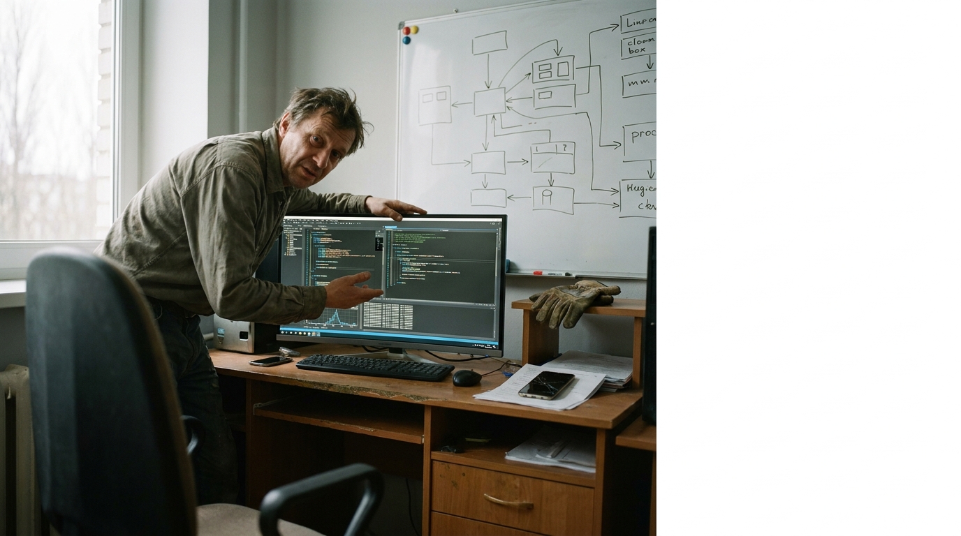 developer reviewing an agent trace on a large monitor in a lived-in workspace with work gloves and a cracked phone screen