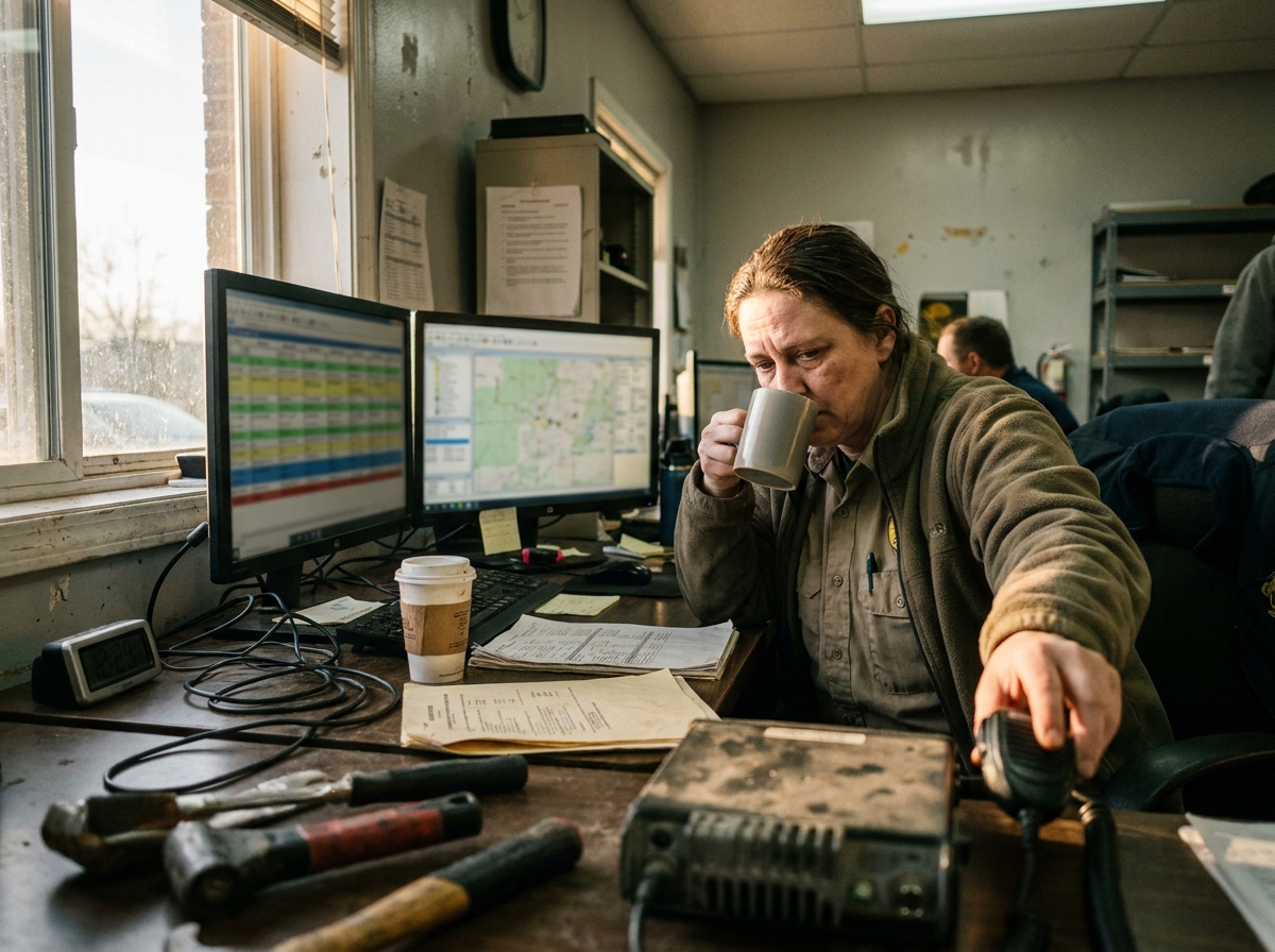 Dispatch workstation showing a live schedule grid in a lived-in office