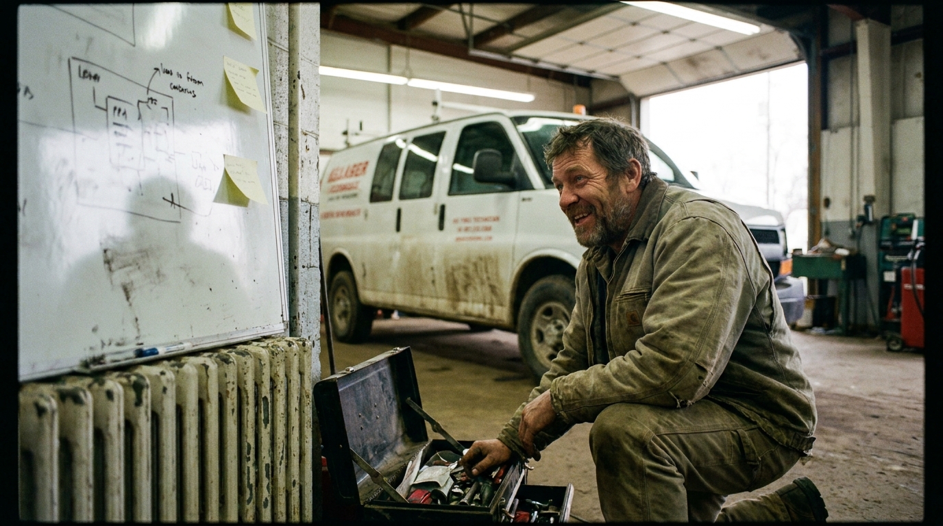 a working field technician mid-task with a service vehicle nearby, smudged whiteboard ghosting under fresh marker, sticky notes losing their grip, a humming radiator.