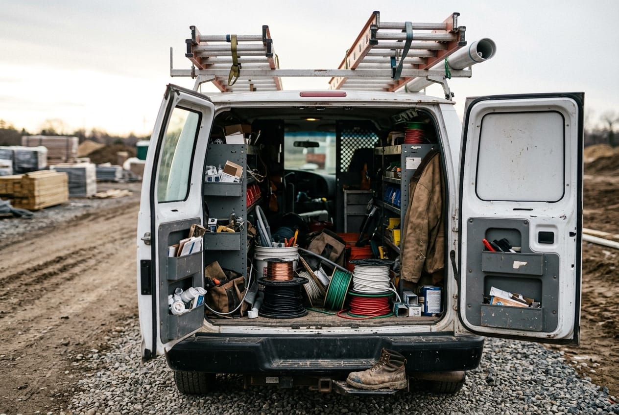 Electrical contractor van with a ladder rack and open rear doors, conduit and wire spools inside, parked at a construction site